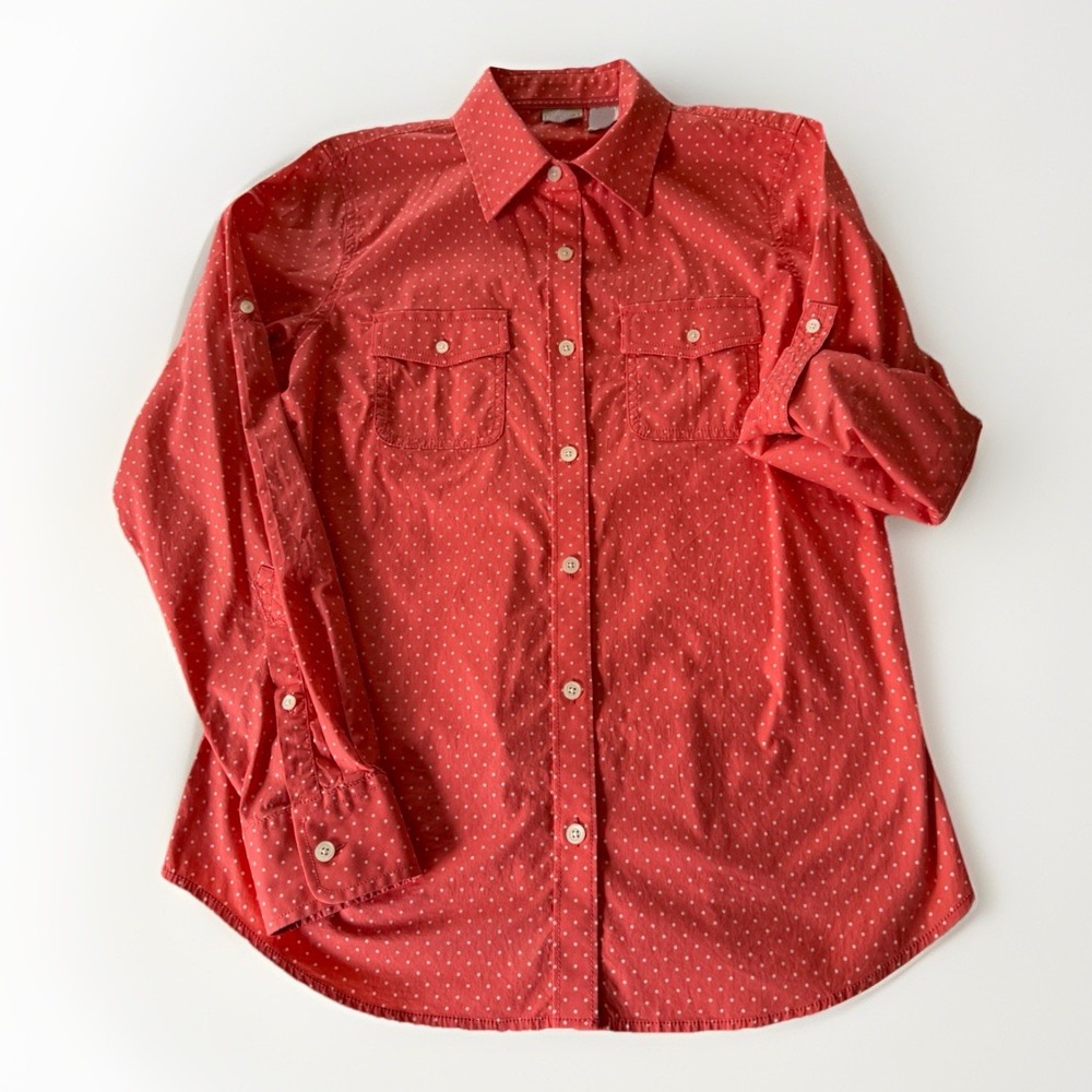LL Bean Women's Pink Polka Dot Button Up Shirt Small Roll Tab Sleeves